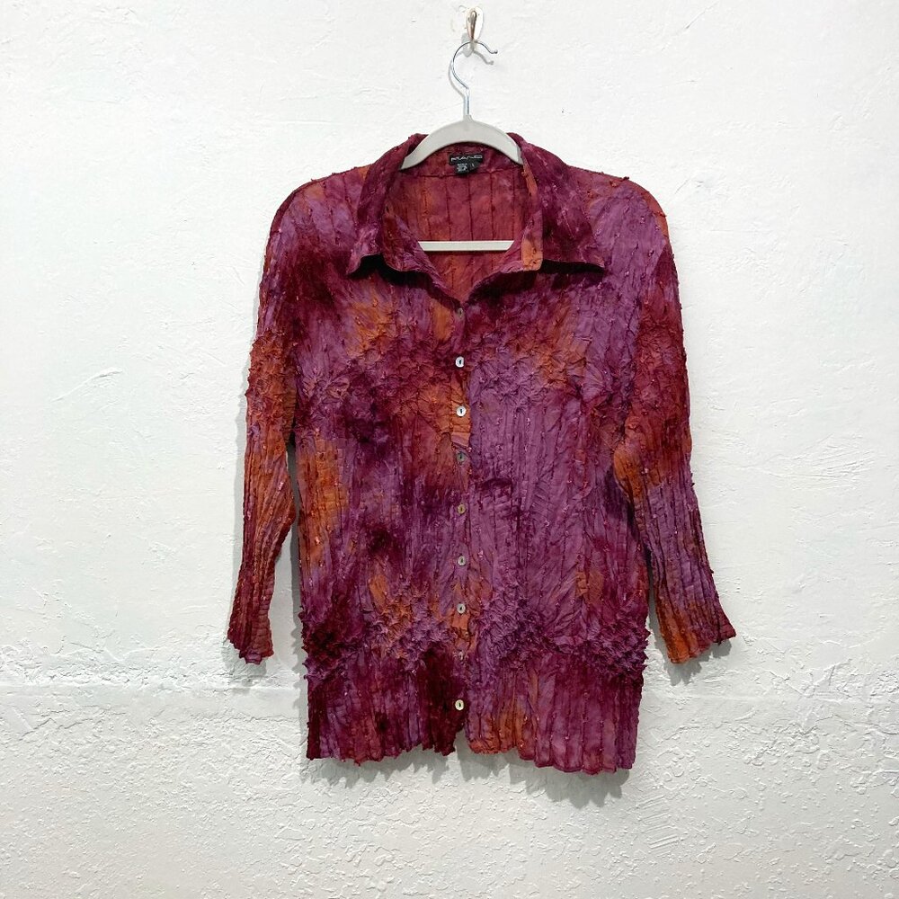 Piano Women’s Crinkle Textured Button Down Blouse Y2K Sheer Purple Abstract L